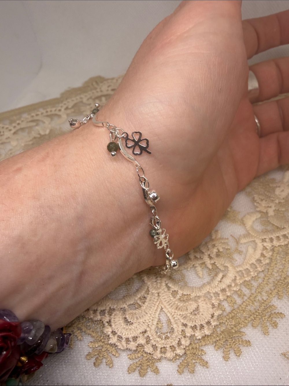 925 Sterling Silver Clover Moss Agate & CZ Charm Bracelet | Handmade Adjustable